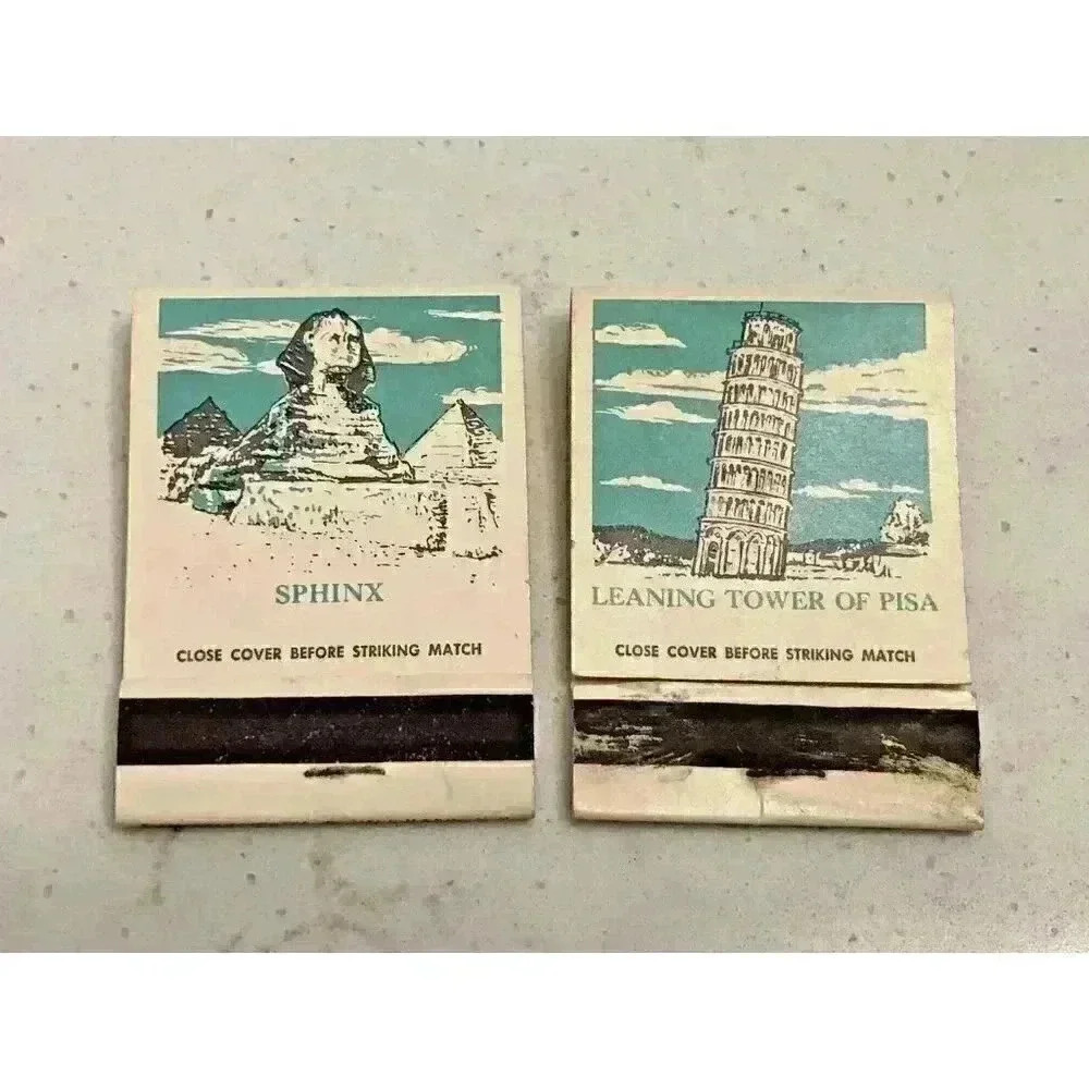 2 Vintage World Landmarks Matchbook Covers Sphinx Leaning Tower Pisa Ephemera
